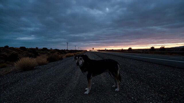 A lovable dog stands patiently on a quiet, empty road while the sun sets behind distant hills. The sky fills with soft colors as night approaches, creating a serene atmosphere.
