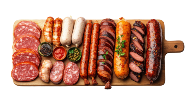 Assorted sausages on wooden board, transparent background - Powered by Adobe
