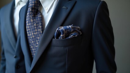 Formal and Elegant Black Suit Detail: Close-up of a man in a stylish, all-black tuxedo or suit, complete with a satin lapel, black shirt, tie, and pocket square.