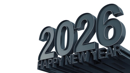 Metallic 2026 happy new year text isolated on transparent background