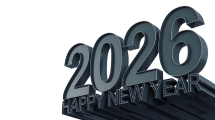 Metallic 2026 happy new year text isolated on transparent background