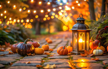 Forged Lantern, pumpkins on yellow autumn leaves on a blurred plant background.
