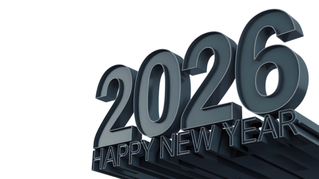 Metallic 2026 happy new year text isolated on transparent background