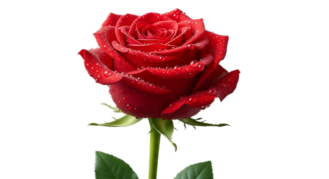 A single red rose with water droplets on its petals against a black background in a close up shot