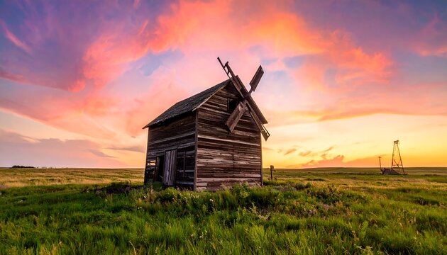 Rustic wooden windmill on a grassy knoll at dusk. Vivid sky ablaze with colors. Distant structures - Powered by Adobe