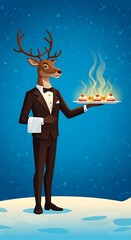 Elegant Deer Butler Serving Flaming Desserts in a Winter Wonderland.
