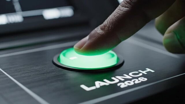 A finger presses a sequence of illuminated buttons: first red, then black, then green, labelled "Launch 2026", representing action, start, future, and control
