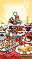 Festive Dessert Spread - Cakes, Cookies, and Tea on a Table.
