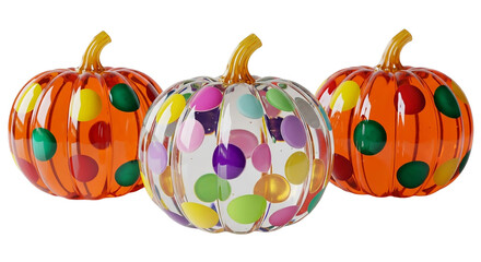 Three decorative pumpkins with colorful polka dots isolated on transparent background