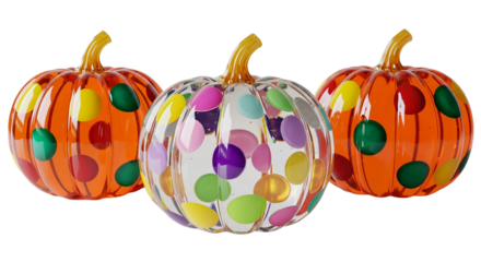 Three decorative pumpkins with colorful polka dots isolated on transparent background