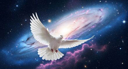 Fototapeta premium White Dove Flying Through Galaxy Nebula bird space