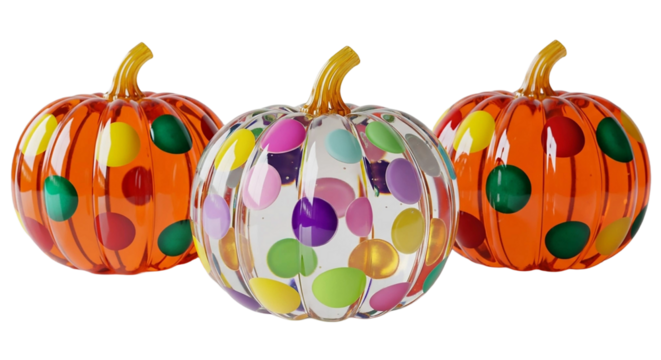 Three decorative pumpkins with colorful polka dots isolated on transparent background