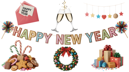 Happy new year celebration decorations and treats isolated on transparent background