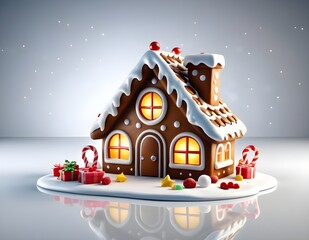 Gingerbread house sits on a snowy surface surrounded by candy canes and presents, glowing warmly with Christmas cheer.