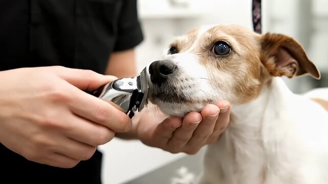 Dynamic Close-up: Professional Groomer Gently Trimming Adorable Dog's Muzzle with Electric Clippers