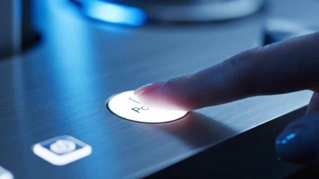 A finger presses an illuminated button, transitioning from red to white, representing activation, start, energy, initiation, control, and power source