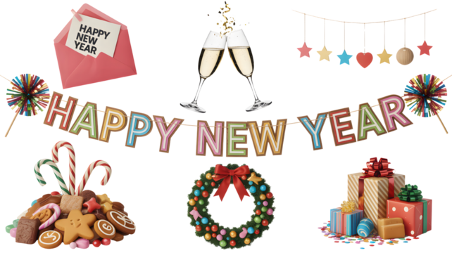 Happy new year celebration decorations and treats isolated on transparent background