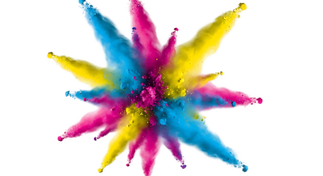 An explosion of vibrant colors radiating outwards on a black background in a starburst pattern