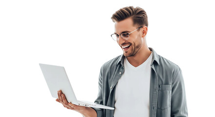 Smiling man holding laptop isolated on transparent background, looking at screen