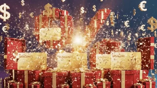 Festive scene with gift box forming a numeric symbol and discount card on a dark background, showcasing promotion, sale, special, shopping and holiday season