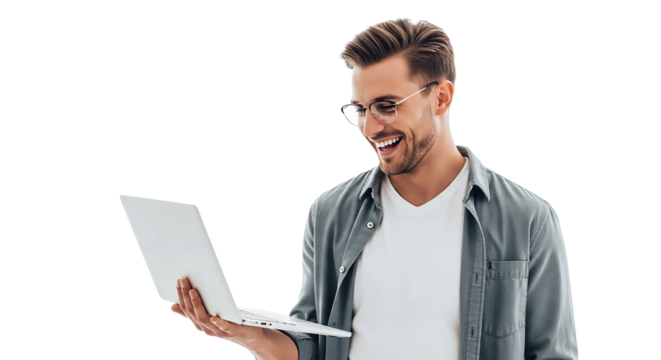 Smiling man holding laptop isolated on transparent background, looking at screen
