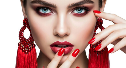 Beautiful woman with red makeup and earrings isolated on transparent background