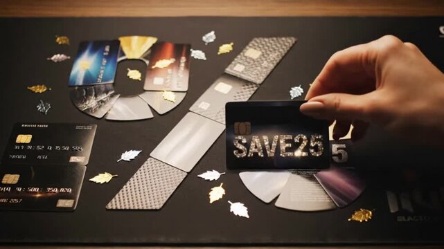 Credit card panorama displays parts, evolving into a full "SAVE25" card held by hand. It represents card concept, discount, retail, shopping, marketing, offer