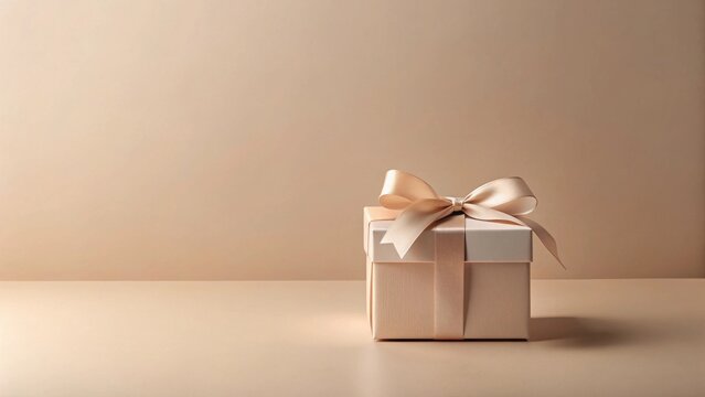 A delicately wrapped gift box with a sophisticated satin ribbon, presented on a neutral backdrop, ideal for showcasing elegance and gifting occasions.