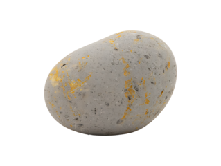 Smooth grey ovular stone with orange lichen isolated on transparent background
