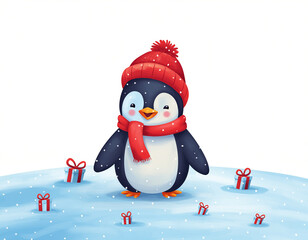 Cute penguin stands in the snow surrounded by small red gifts wearing a red hat and scarf during the winter holidays, creating a festive and cheerful scene.