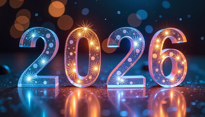 Translucent &ldquo;2026&rdquo; digits with glowing lights and bokeh background, vibrant New Year fantasy