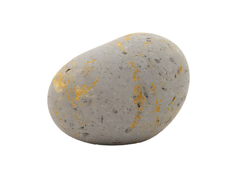 Smooth grey ovular stone with orange lichen isolated on transparent background