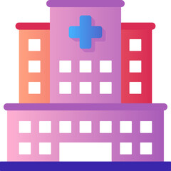 Gradient Pink and Purple Hospital Building With Blue Cross Symbol and White Square Windows Isolated on White Background Flat Design Style