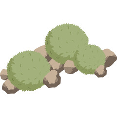 Green Round Bushes And Rocks On Transparent Background Flat Cartoon Design Element