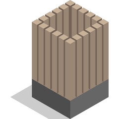 Geometric brown square structure with vertical lines casting a shadow on a dark grey base isometric illustration on a white background