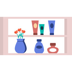 Flat graphic design of assorted cosmetic tubes and bottles arranged on two shelves with a vase of orange flowers on the lower shelf with a pink background and a transparent background