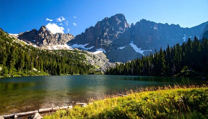 Scenic vista showcasing a serene alpine lake reflecting towering peaks, lush evergreen forest, and bright wildflowers under a vivid blue sky