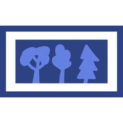 Framed Artwork Depicting Stylized Trees in Blue Tones Against a White Border and Dark Blue Frame