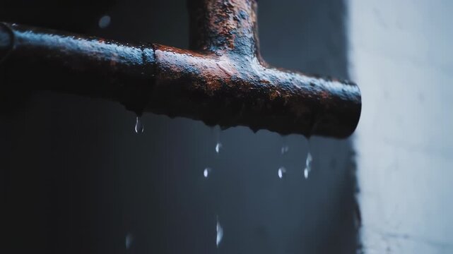Close-up of a rusty pipe with water droplets falling downwards against a dark background
