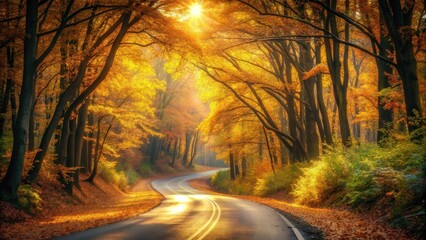 Autumnal Road Winding Through a Golden Forest bathed in Sunlight's Embrace