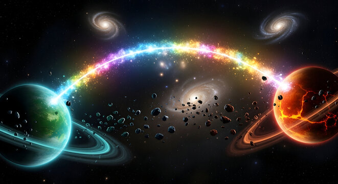 Two planets connected by a rainbow bridge in space - Powered by Adobe