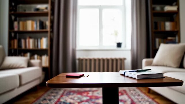 A cozy living room with a wooden table, notebooks, and books in the background, inviting relaxation