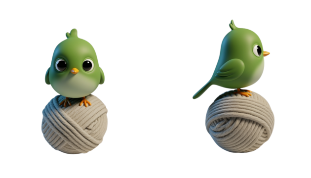 Cute green bird standing on ball of yarn isolated on transparent background PNG