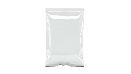 Blank transparent plastic pouch stands upright against a solid dark background
