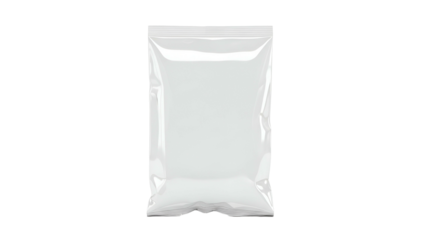 Blank transparent plastic pouch stands upright against a solid dark background