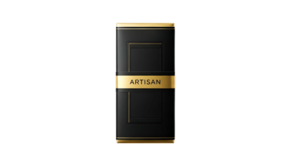 Elegant black and gold rectangular container is centered against a deep black background