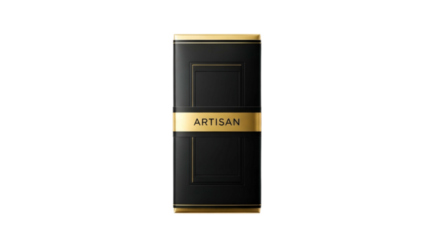 Elegant black and gold rectangular container is centered against a deep black background