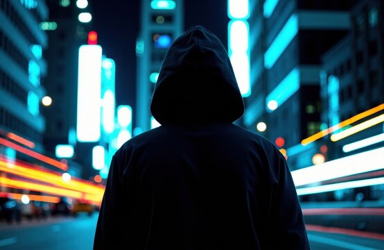A person wearing a hoodie stands in a city at night illuminated by colorful neon lights