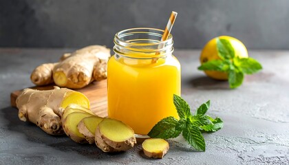 Refreshing ginger juice in a jar with straw, lemons, and mint on a wooden board. Whole ginger root, slices, and a yellow drink
