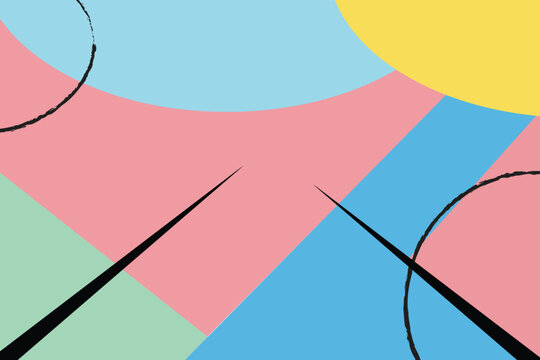 Modern abstract geometric background with pastel color block design, featuring a playful composition of circles, sharp lines, and brushstroke elements - Powered by Adobe